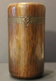 Roycroft Hammered Copper Cylinder Form Vase With Tooled Flower Band