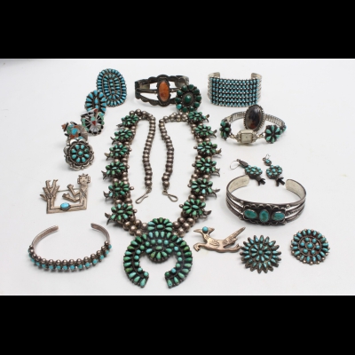 Vintage Old Pawn Petit Point Squash Blossom, Rings, Bracelets & More