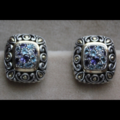 John Hardy 18k Gold & Sterling Square Earrings Blue Topaz, Iolite & Aquamarine